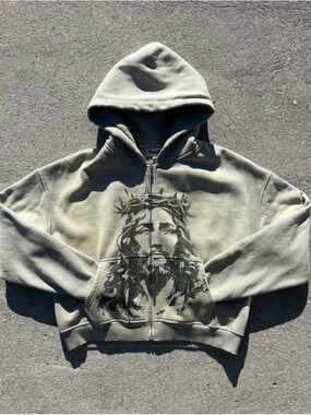 Graphic Zip-Up Hoodie with Jesus Portrait